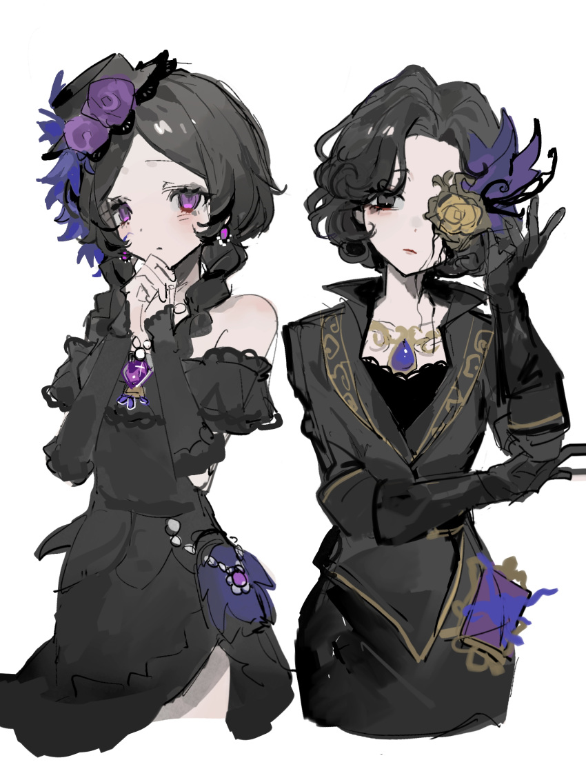 2girls, absurdres, anne_lester, anne_lester_(hidden), bare_shoulders, black_dress, black_eyes, black_gloves