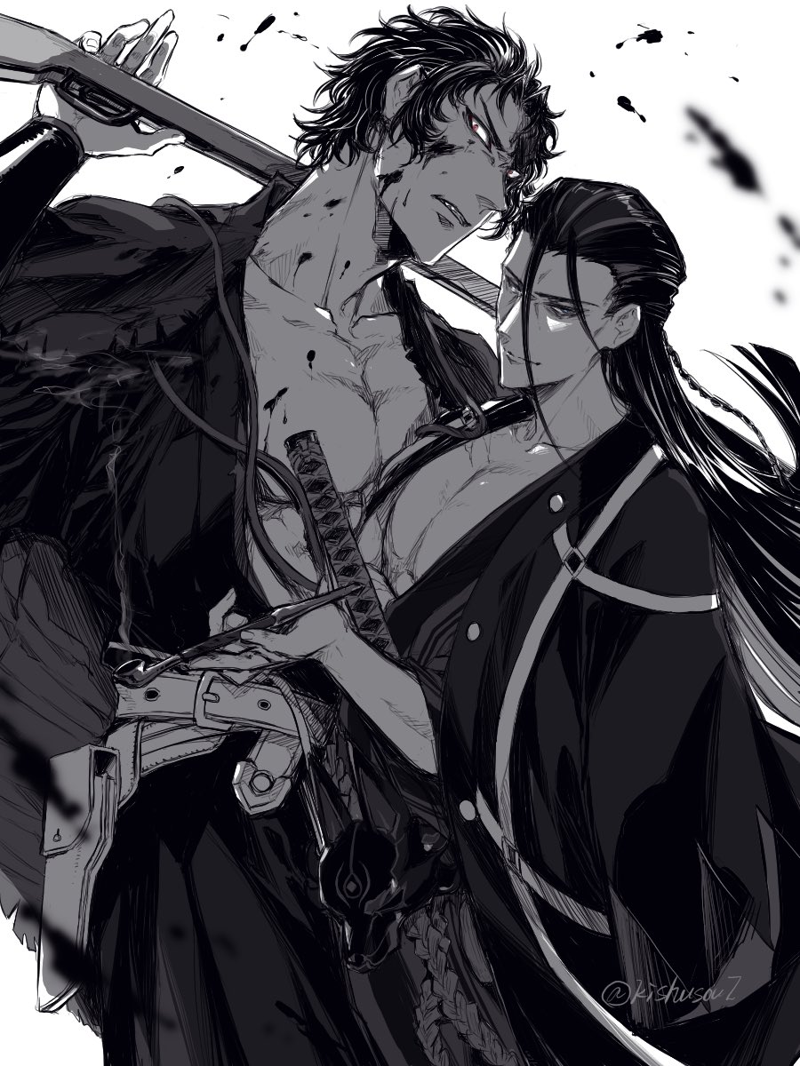 2boys, belt, blood, blood_on_face, cowboy_shot, fate/grand_order, fate_(series), greyscale