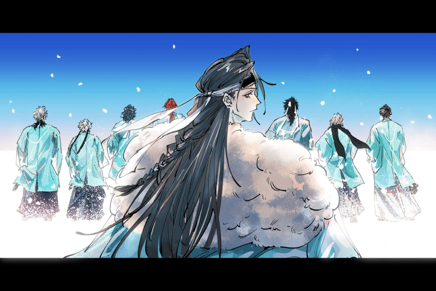 1girl, 6+boys, back, black_hair, blue_background, blue_haori, braid, brown_hair