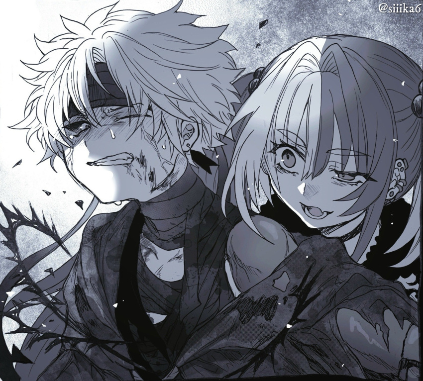 1boy, 1girl, bandages, blood, blood_on_face, clenched_teeth, colored_sclera, earrings, fang, fate/grand_order, fate_(series), greyscale, headband, highres, jacket, jewelry, long_hair, matsunaga_hisahide_(fate), monochrome, multicolored_hair, multiple_earrings, one_eye_closed, open_mouth, short_hair, siiika_(siiika6), skin_fang, smile, split-color_hair, sweat, tearing_up, teeth, toudou_heisuke_(fate), toudou_heisuke_(second_ascension)_(fate), twintails, two-tone_hair, uneven_eyes, upper_body
