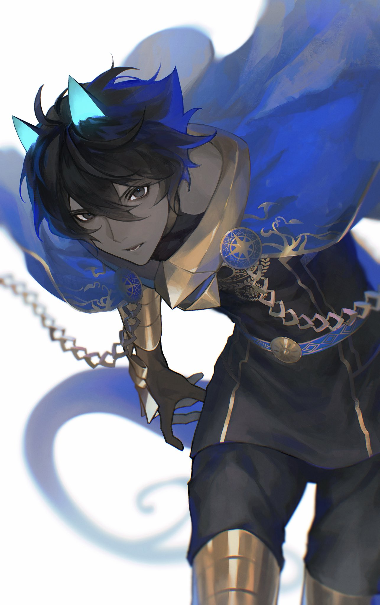 1boy, arjuna_(fate), arjuna_alter_(fate), arjuna_alter_(third_ascension)_(fate), armor, black_eyes, black_hair, blue_cape, blue_horns, cape, cowboy_shot, dark-skinned_male, dark_skin, fate/grand_order, fate_(series), gloves, glowing_horns, hair_between_eyes, highres, horns, indian_clothes, jewelry, looking_at_viewer, male_focus, open_mouth, shion_(reira), short_hair, simple_background, solo, tail, vambraces, white_background