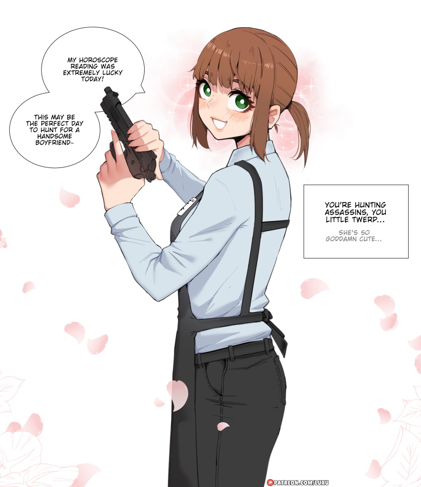 1girl, absurdres, apron, black_apron, black_hair, blush, brown_hair, collared_shirt