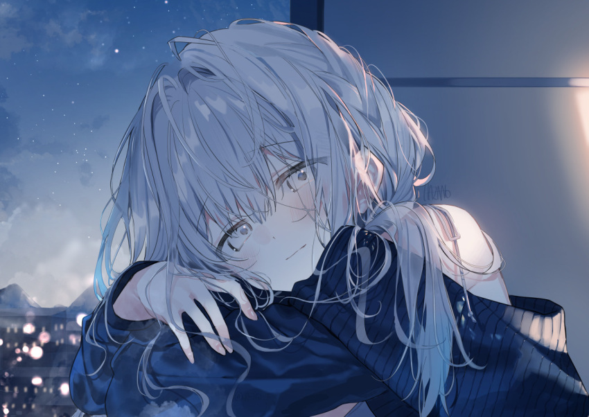1girl, arm_support, balcony, black_sweater, closed_mouth, evening, fuyukawa_kagari, grey_eyes, grey_hair, hair_intakes, hakanai_kimi_wa_moukou_wo_hajimeru, kazutake_hazano, light_blush, light_frown, looking_at_viewer, messy_hair, outdoors, signature, single_bare_shoulder, sitting, solo, sweater, upper_body