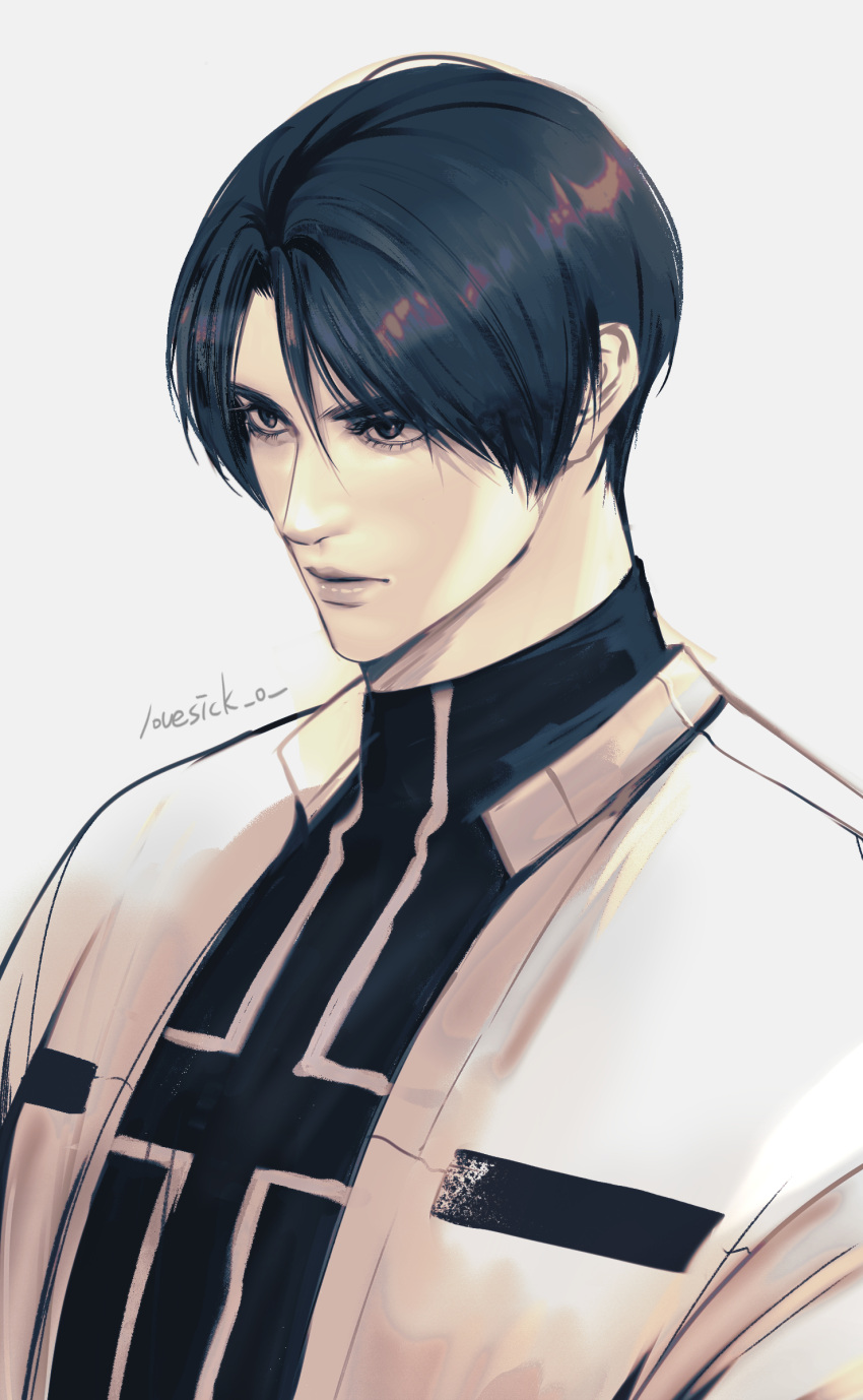 1boy, artist_name, black_hair, black_shirt, closed_mouth, cross, cross_print, greyscale