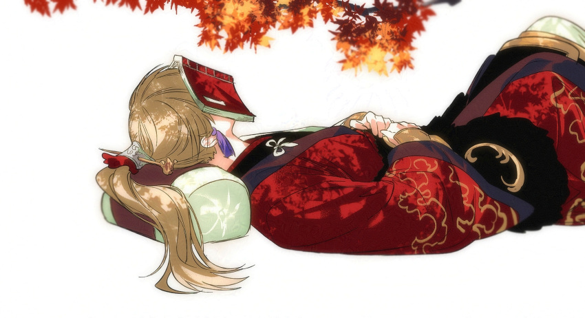 1boy, archer_(fate/samurai_remnant), autumn_leaves, blonde_hair, book_on_face, branch, chinese_clothes, chinese_hairpin