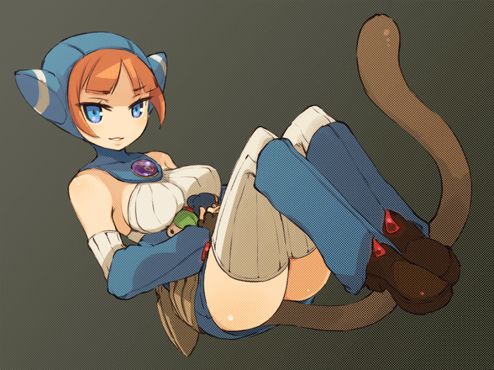 blue_eyes, breasts, breath_of_fire, breath_of_fire_v, fingerless_gloves, gloves, lin_(breath_of_fire), mota, orange_hair, simple_background, smile, solo, tail, thigh-highs, thighhighs, white_legwear
