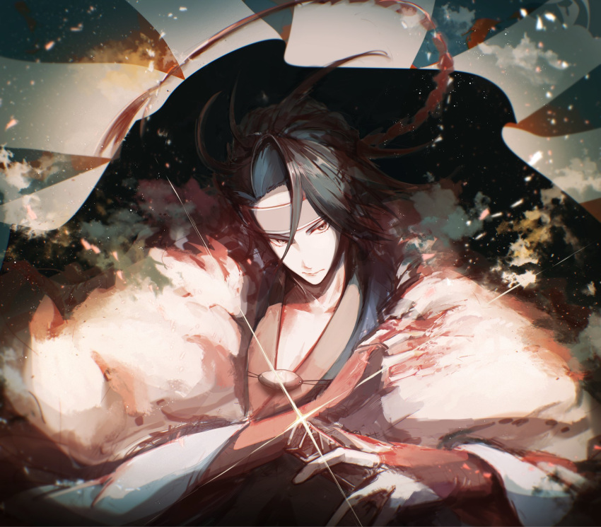 1boy, black_background, black_hair, blood, blood_on_clothes, curtained_hair, fate/grand_order, fate_(series)