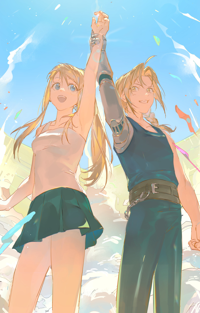 1boy, 1girl, absurdres, ahoge, arm_up, armpits, belt, blonde_hair, blue_eyes, braid, chinese_commentary, commentary_request, day, edward_elric, feet_out_of_frame, fullmetal_alchemist, fullmetal_alchemist:_akatsuki_no_oji, grin, hair_intakes, harumimi, highres, holding_another's_wrist, lens_flare, mechanical_arms, miniskirt, pants, ponytail, prosthesis, prosthetic_arm, scene_reference, sidelocks, single_braid, single_mechanical_arm, skirt, smile, tank_top, victory_pose, winry_rockbell, yellow_eyes