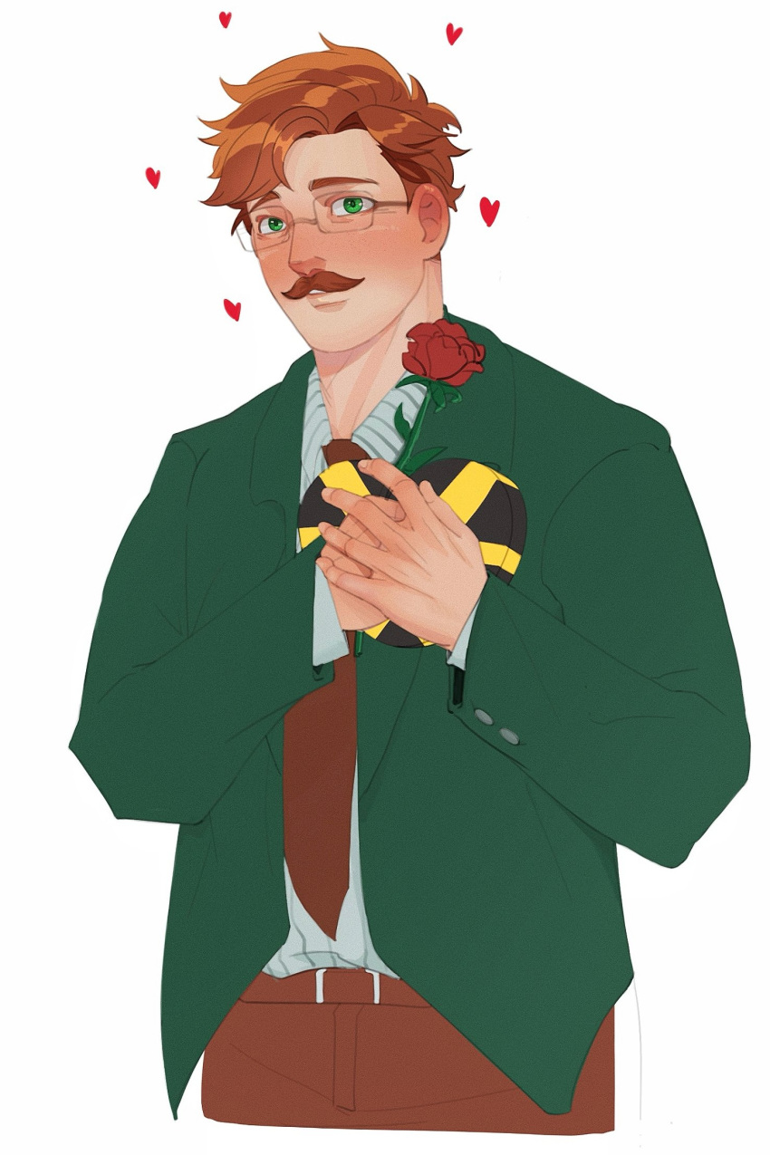 1boy, blush, box, box_of_chocolates, brown_hair, brown_pants, collared_shirt, ear_blush