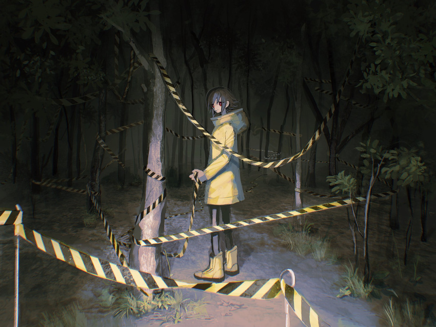 1girl, boots, brown_hair, caution_tape, coat, commentary, dark, forest