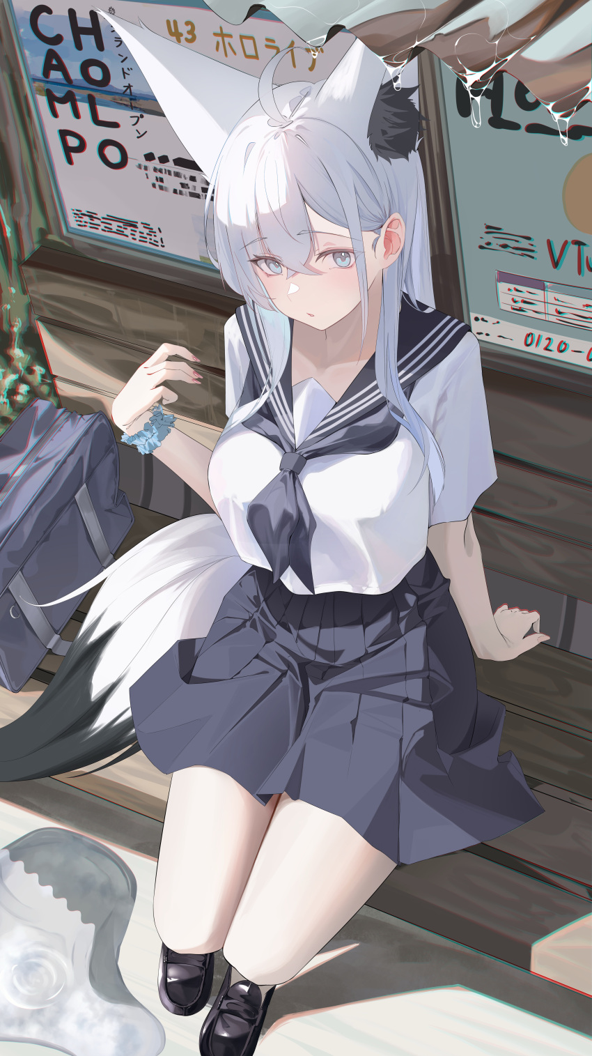 1girl, absurdres, ahoge, alternate_costume, animal_ear_fluff, animal_ears, bag, black_neckerchief
