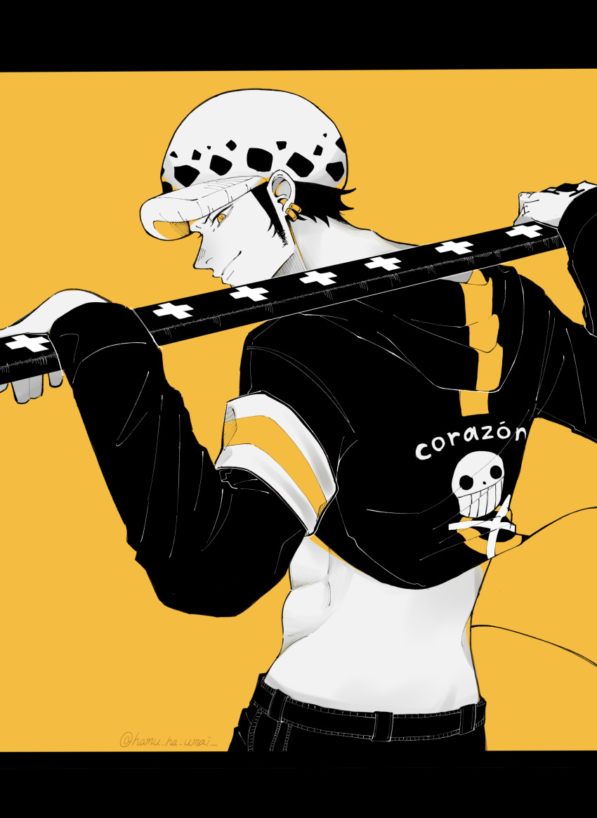 1boy, abs, absurdres, belt, closed_mouth, clothes_writing, commentary_request, earrings