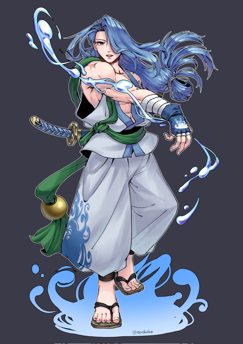 1boy, blue_eyes, blue_gloves, blue_hair, dougi, epochekhe, fingerless_gloves, folded_ponytail