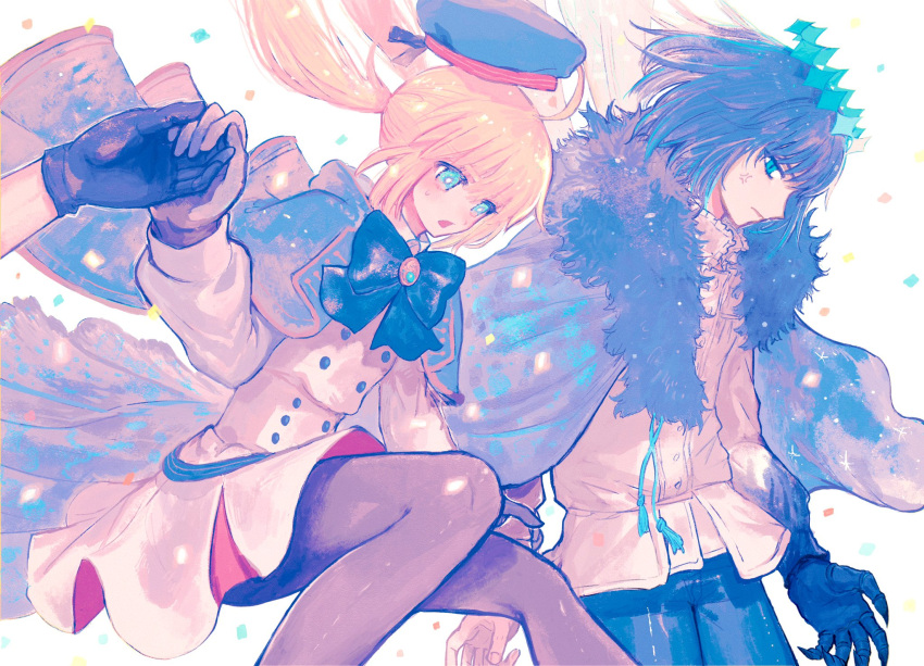 1boy, 1girl, artoria_caster_(fate), artoria_pendragon_(fate), belt, beret, black_gloves, black_hair, black_pants, black_pantyhose, blonde_hair, blue_eyes, bow, buttons, fate/grand_order, fate_(series), fur_trim, gem, gloves, green_eyes, hat, highres, long_hair, long_sleeves, mado_(madoromiya), oberon_(fate), pants, pantyhose, shirt, simple_background, skirt, twintails, white_shirt, white_skirt