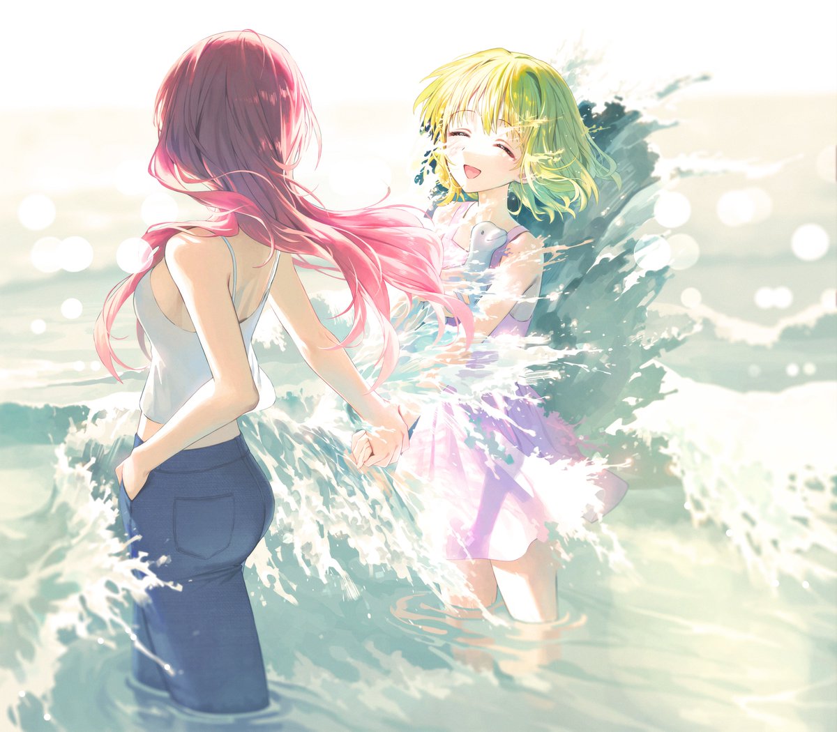 2girls, air_(visual_novel), blonde_hair, blue_pants, blurry, bokeh, camisole, closed_eyes