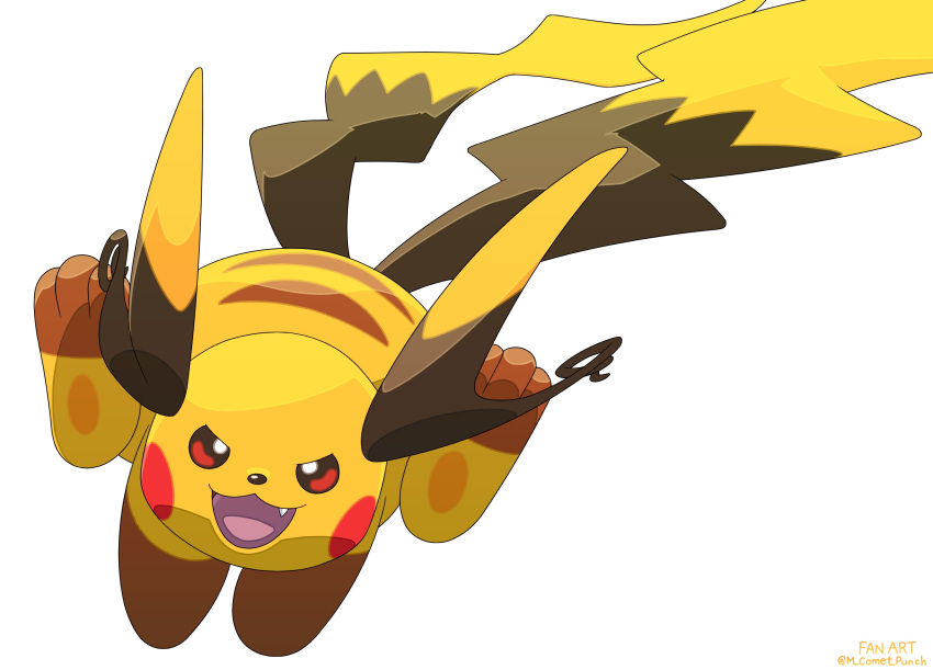 brown_eyes, fang, full_body, highres, komepan, mega_pokemon, mega_raichu_x, multiple_tails