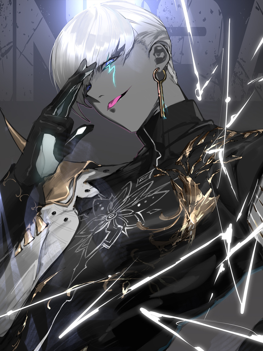 1boy, black_gloves, black_shirt, blue_eyes, colored_sclera, colored_skin, earrings, fate/grand_order
