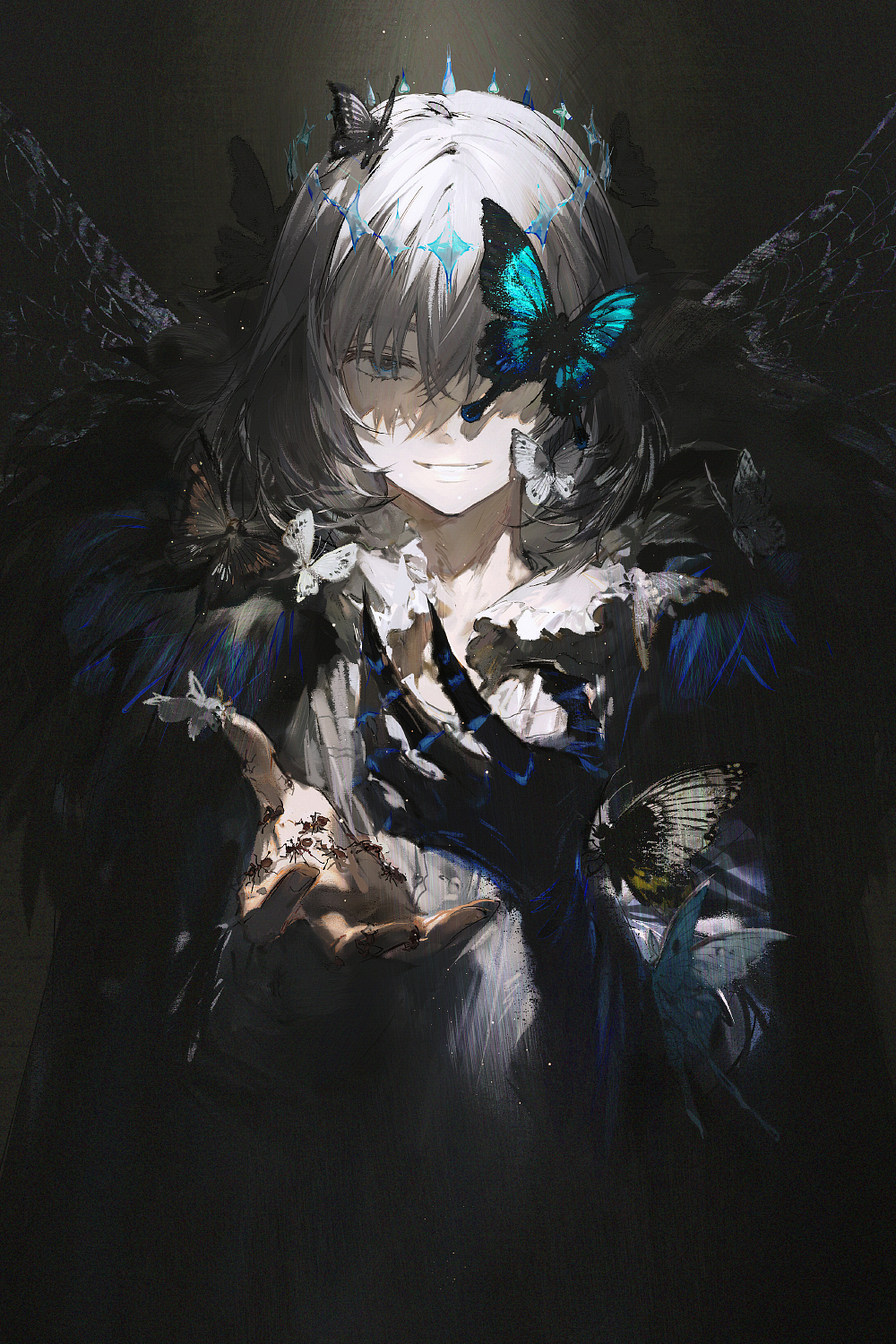 1boy, ant, arthropod_boy, arthropod_limbs, bishounen, blue_butterfly, bug, butterfly