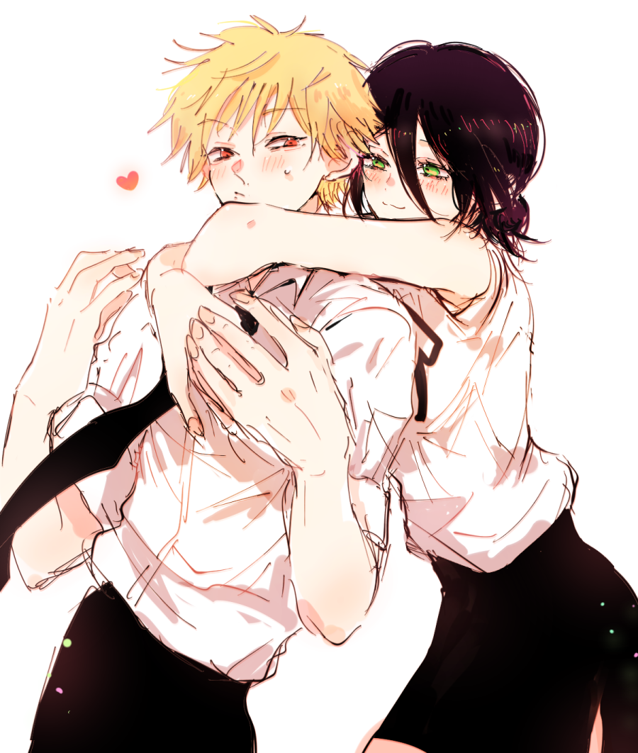1boy, 1girl, :/, :3, bare_arms, black_hair, black_necktie, black_pants