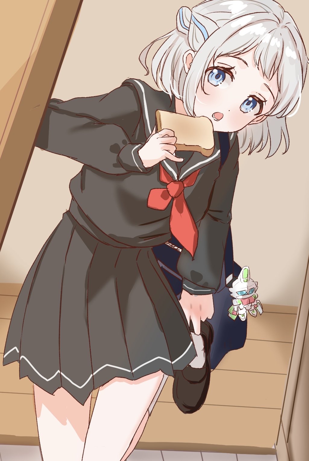 1girl, bag, bag_charm, black_sailor_collar, black_serafuku, black_shirt, black_shoes, black_skirt