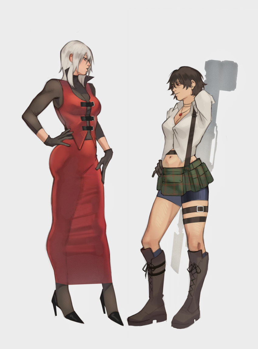 2girls, 50gryvnia, brown_hair, coat, dante_(devil_may_cry), devil_may_cry_(anime), devil_may_cry_(series), dress, genderswap, genderswap_(mtf), hand_on_own_hip, high_heels, highres, jewelry, kalina_ann_(weapon), lady_(devil_may_cry), long_hair, looking_at_another, multiple_girls, necklace, red_coat, red_dress, red_vest, rocket_launcher, scar, scar_on_face, shirt, short_hair, vest, weapon, white_background, white_hair, white_shirt