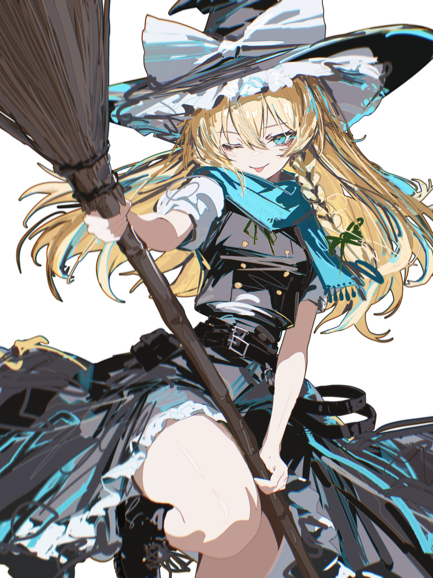 1girl, ;p, absurdres, aqua_eyes, aqua_scarf, belt, black_belt, black_boots, black_hat, black_vest, blonde_hair, boots, bow, braid, broom, buttons, commentary, green_ribbon, hair_ribbon, hat, hat_bow, highres, holding, holding_broom, kirisame_marisa, long_hair, looking_at_viewer, one_eye_closed, puffy_short_sleeves, puffy_sleeves, ribbon, scarf, shirt, short_sleeves, side_braid, simple_background, single_braid, solo, tongue, tongue_out, touhou, vest, vxdrq, white_background, white_bow, white_shirt, witch_hat