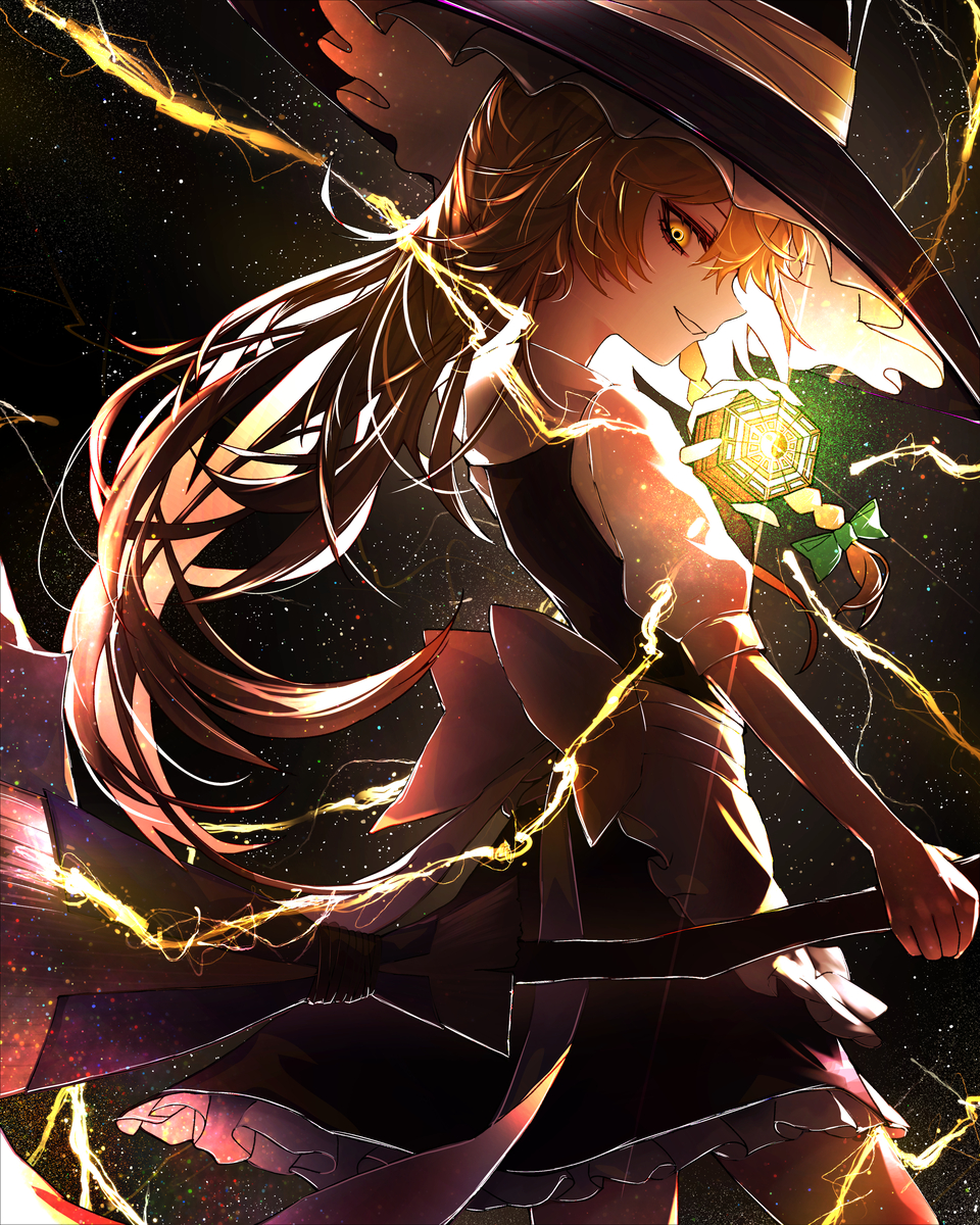 1girl, 33_gaff, apron, back_bow, black_background, black_hat, black_skirt, black_vest