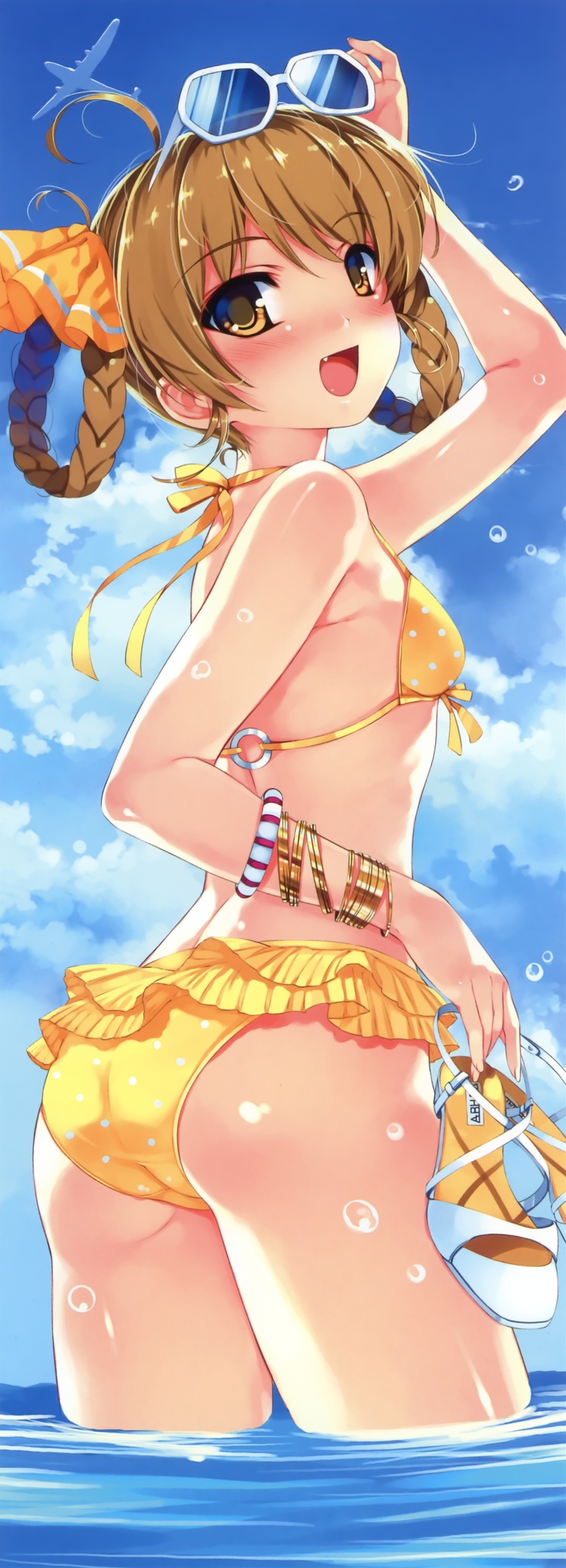 absurdres, airplane, ass, bikini, bracelet, braid, brown_eyes, brown_hair