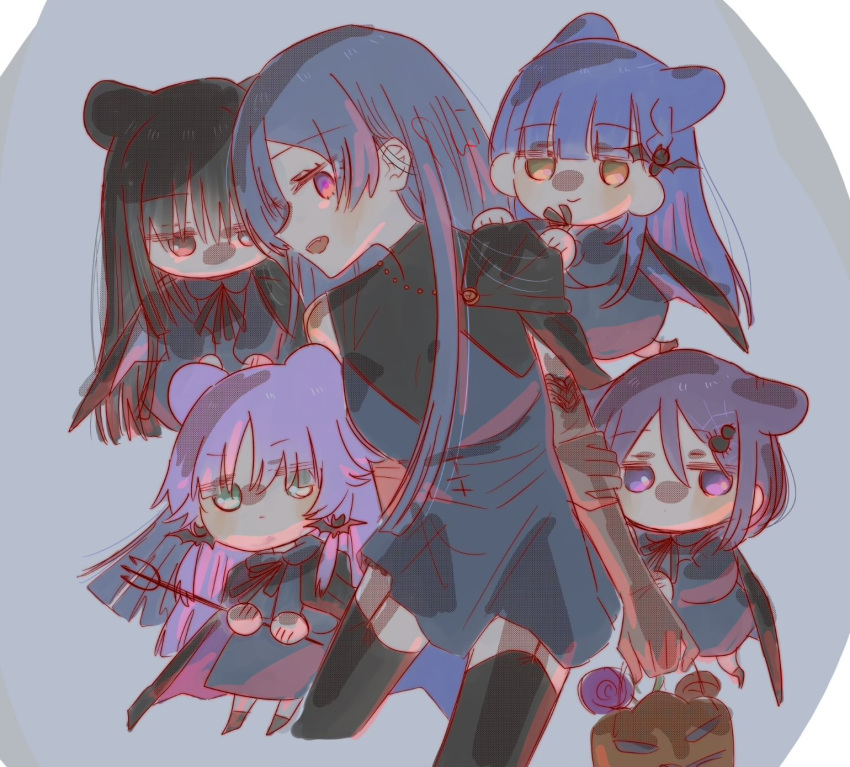 5girls, akashi_manaka, animal_ears, aoki_kaho, aqua_eyes, arm_at_side, arm_behind_back, assault_lily, banshouya_ena, bat_hair_ornament, black_cape, black_capelet, black_hair, black_ribbon, black_shoes, black_thighhighs, blue_cape, blue_hair, brown_eyes, brown_gloves, cape, capelet, cat_ears, closed_mouth, commentary, cowboy_shot, cropped_legs, dress, elbow_gloves, fang, flying_sweatdrops, garter_straps, gloves, grey_background, grey_dress, hair_between_eyes, hair_ornament, halloween_bucket, halloween_costume, hand_on_own_arm, hands_on_another's_shoulder, hands_up, highres, holding, holding_polearm, holding_weapon, kemonomimi_mode, long_hair, looking_at_viewer, mini_person, minigirl, multiple_girls, neck_ribbon, open_mouth, pink_cape, polearm, purple_hair, ribbon, rui_rui_rui0122, shoes, sidelocks, sleeveless, sleeveless_dress, smile, standing, taniguchi_hijiri, thigh-highs, trident, two-sided_cape, two-sided_fabric, two-tone_background, v-shaped_eyebrows, violet_eyes, watanabe_akane, weapon, white_background
