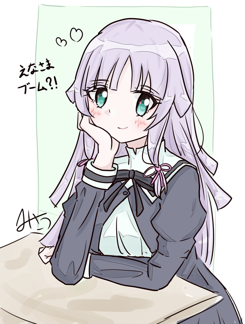 1girl, absurdres, aqua_eyes, arm_on_table, artist_name, assault_lily, banshouya_ena, black_ribbon