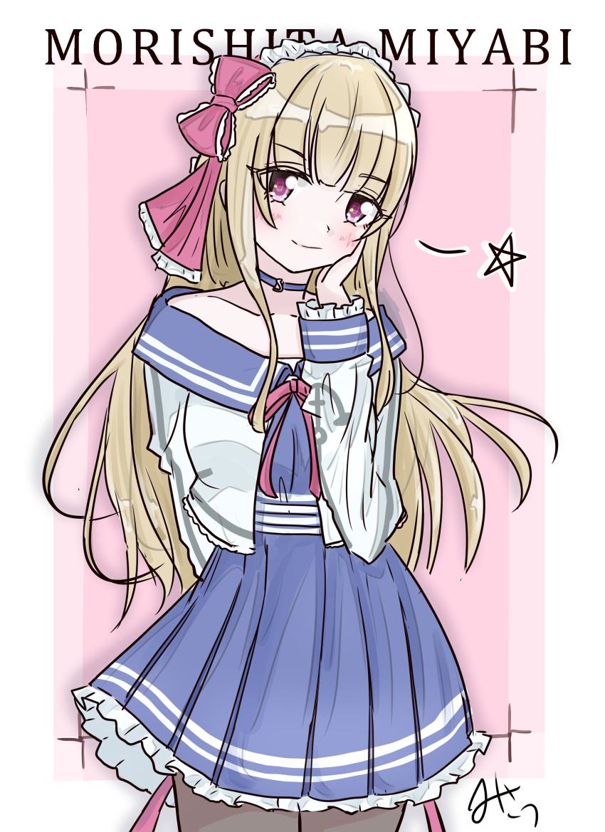 1girl, absurdres, arm_behind_back, artist_name, assault_lily, bare_shoulders, blonde_hair, blue_choker