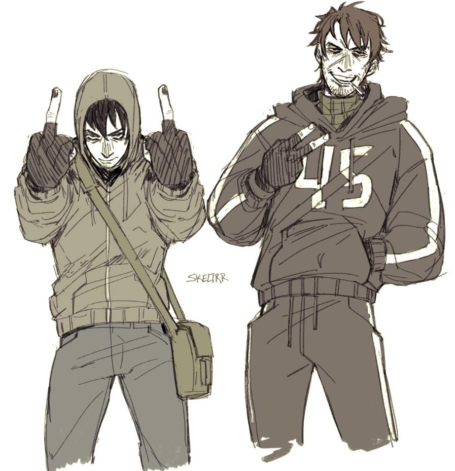 2boys, afraid_of_monsters, bag, beard, black_eyes, black_gloves, black_hoodie, bloodshot_eyes