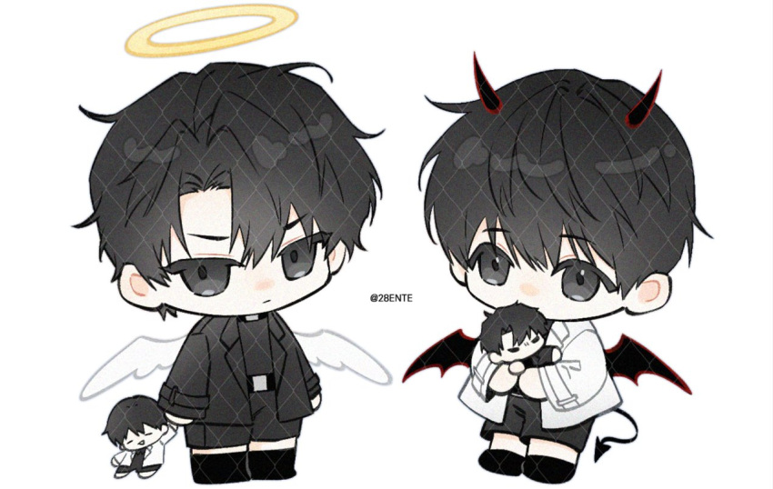 28ente, 2boys, angel_and_devil, black_eyes, black_hair, black_shirt, black_shorts, black_socks