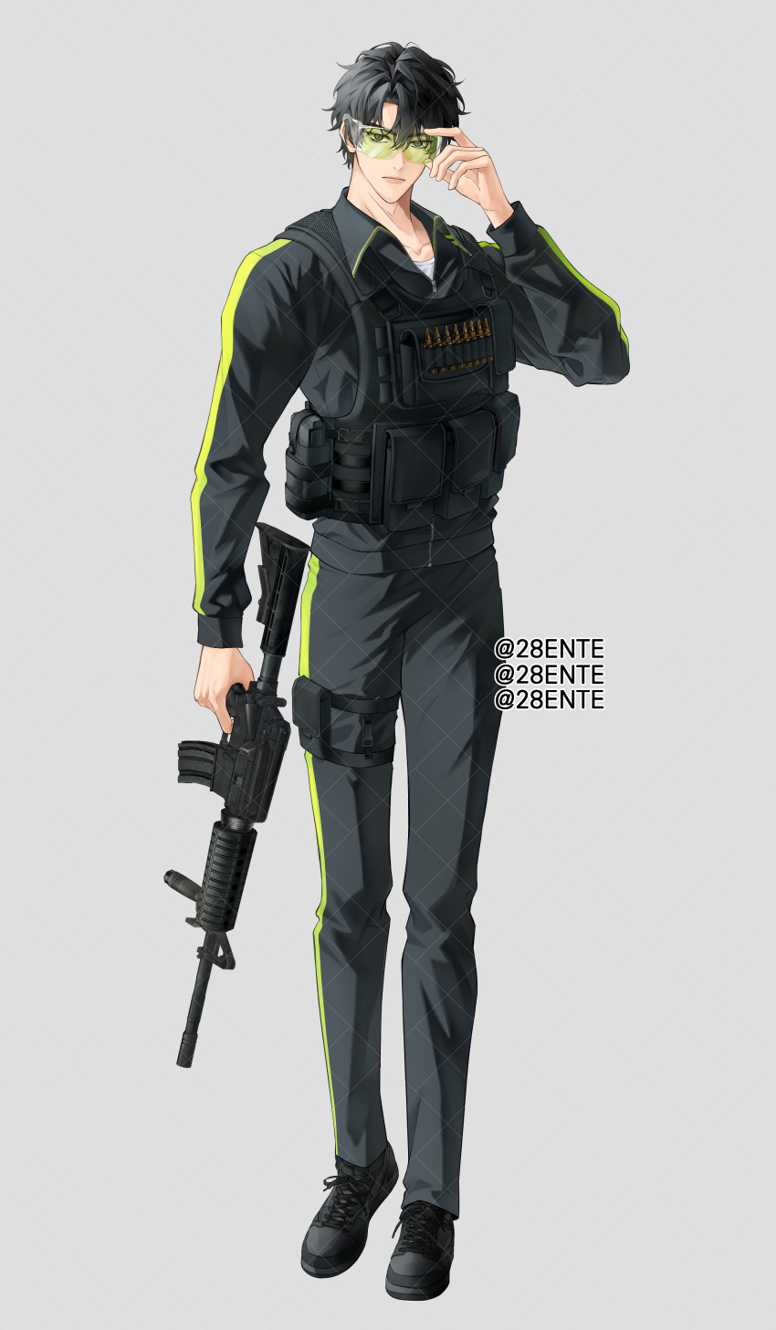 1boy, 28ente, absurdres, adjusting_eyewear, alternate_costume, assault_rifle, black_hair, black_shirt