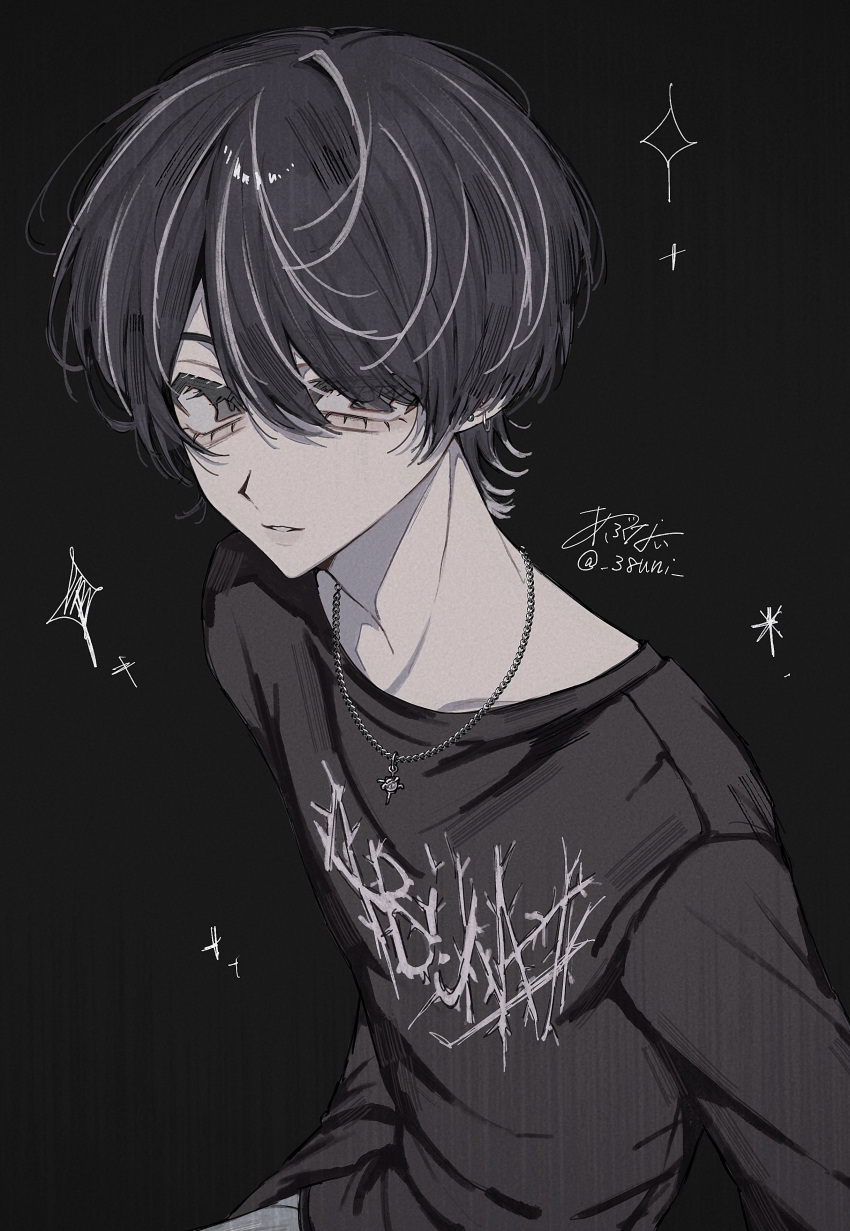 1boy, 38uii, absurdres, black_hair, black_shirt, drawn_sparkle, grey_eyes, highres, jewelry, male_focus, multicolored_hair, necklace, original, pale_skin, shirt, short_hair, signature, simple_background, solo, sparkle, streaked_hair, two-tone_hair, white_hair