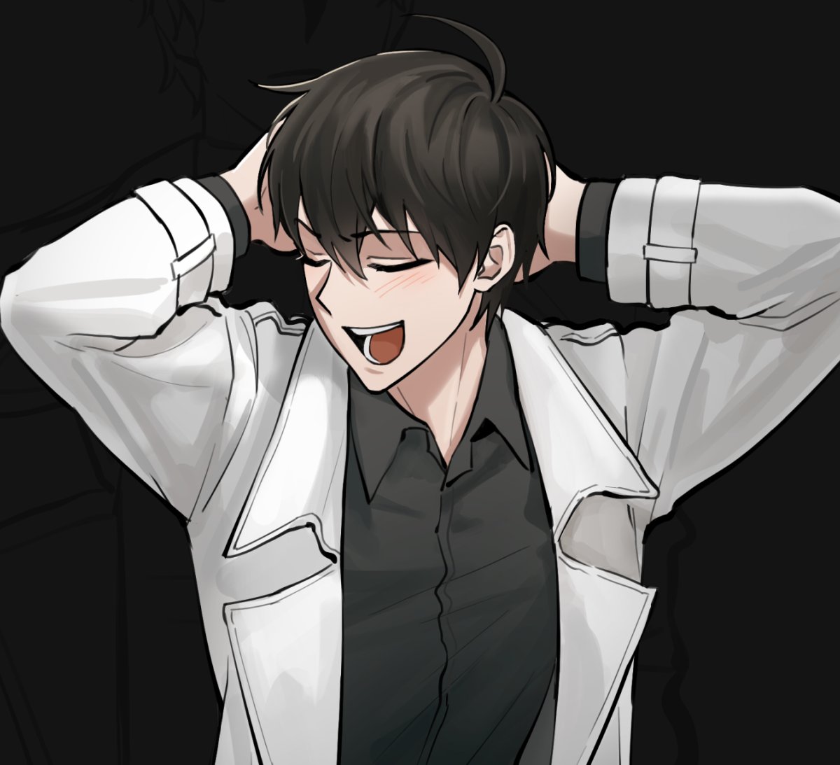 1boy, ahoge, anthony_mackie, arms_behind_head, black_hair, black_shirt, blush, closed_eyes, coat, collared_shirt, grin, kim_dokja, male_focus, meme_request, omniscient_reader's_viewpoint, photo-referenced, shirt, short_hair, smile, solo, taotaille, the_tonight_show, upper_body, white_coat