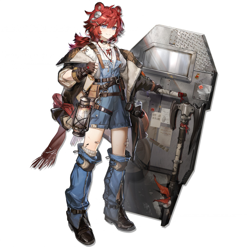 1girl, arknights, full_body, holding, holding_shield, looking_at_viewer, official_art, red_hair, shield, simple_background, smile, solo, standing, tachi-e, third-party_source, transparent_background, vetochki_(arknights)