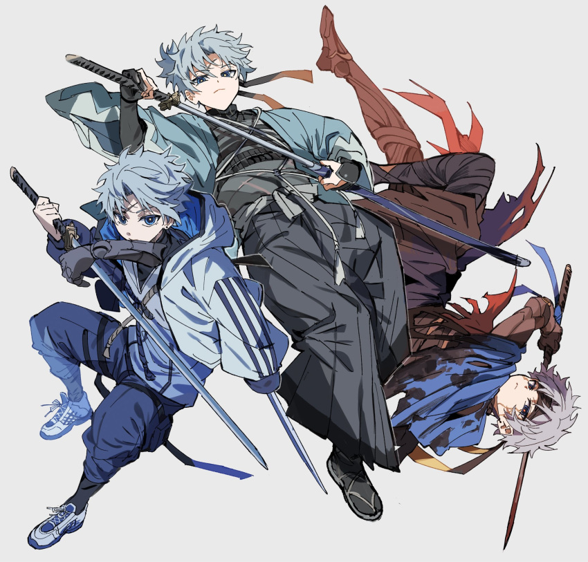 aqua_haori, bandaged_foot, bandaged_leg, bandages, black_hakama, black_headband, black_jacket, black_kimono