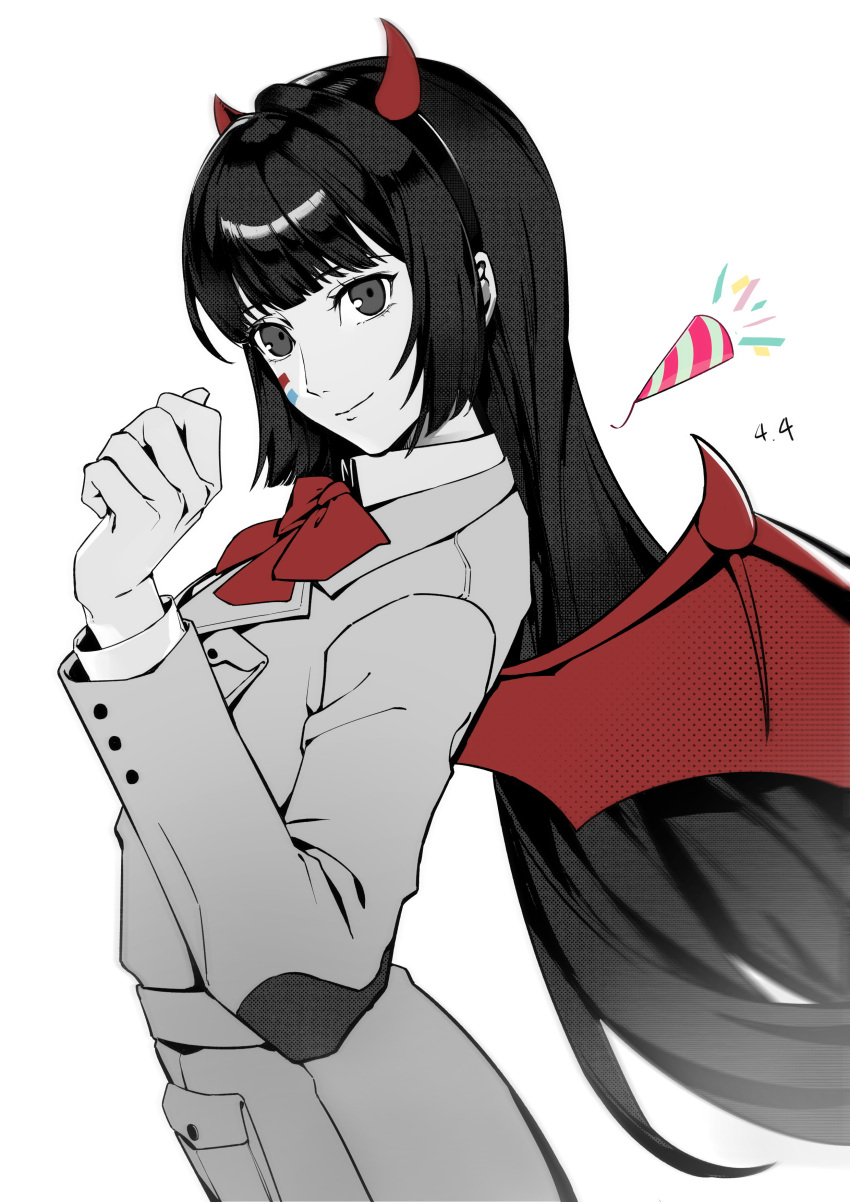 1girl, absurdres, bow, bowtie, closed_mouth, commentary_request, dated, demon_horns, demon_wings, fake_horns, fake_wings, floating_hair, highres, horns, jacket, limited_palette, long_hair, long_sleeves, looking_at_viewer, persona, persona_5, persona_5:_the_phantom_x, pocket, red_bow, red_bowtie, red_horns, red_wings, school_uniform, simple_background, smile, solo, tanemura_riko, tria0c2, wings