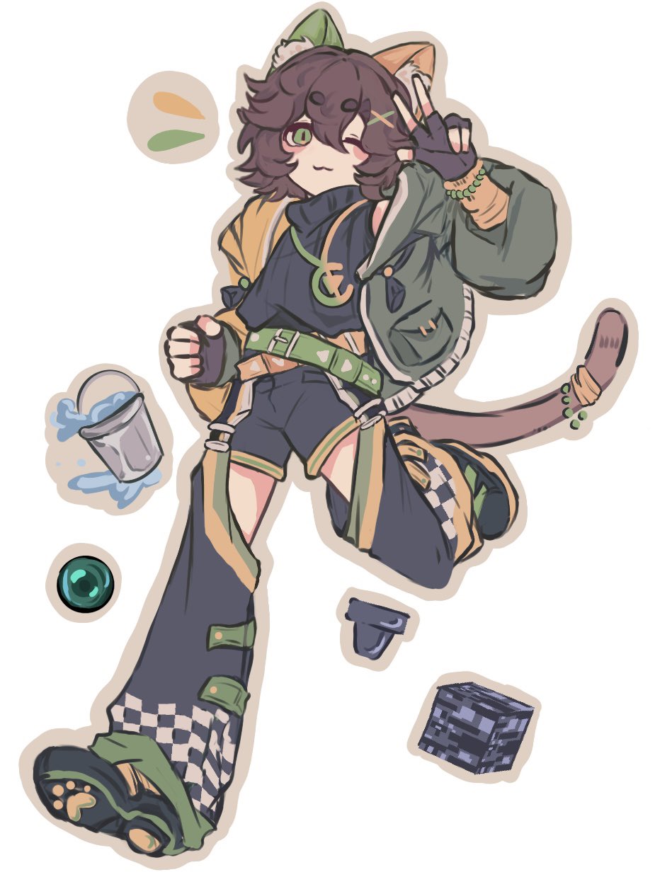 1boy, :3, animal_ears, animification, belt, bishounen, black_gloves, block_(minecraft)