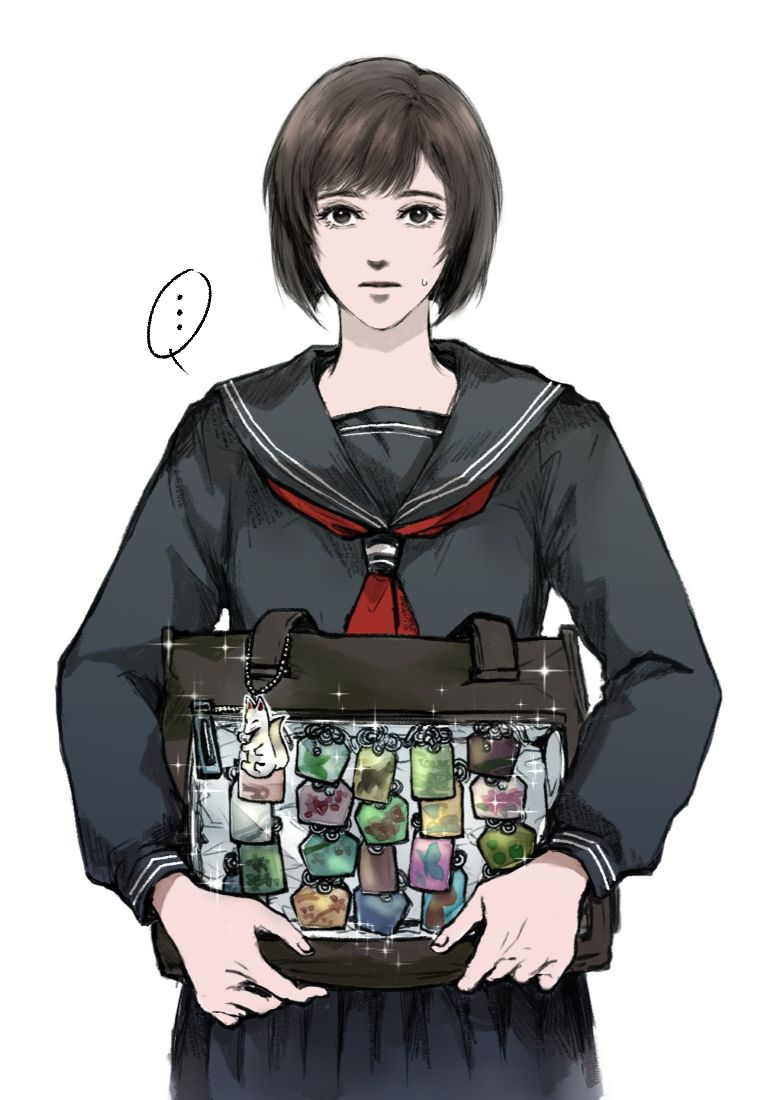 ..., 1girl, bag, black_eyes, black_hair, blue_sailor_collar, chain, charm_(object), english_commentary, long_sleeves, neckerchief, pleated_skirt, red_neckerchief, sailor_collar, school_uniform, serafuku, shimizu_hinako, short_hair, silent_hill_(series), silent_hill_f, skirt, sparkle, speech_bubble, sweatdrop, thought_bubble, white_background, yokibear_yok