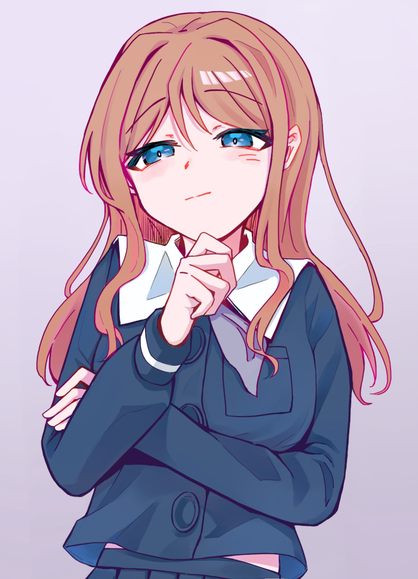 1girl, bang_dream!, bang_dream!_it's_mygo!!!!!, blue_eyes, blue_shirt, blue_skirt, blush, brown_hair