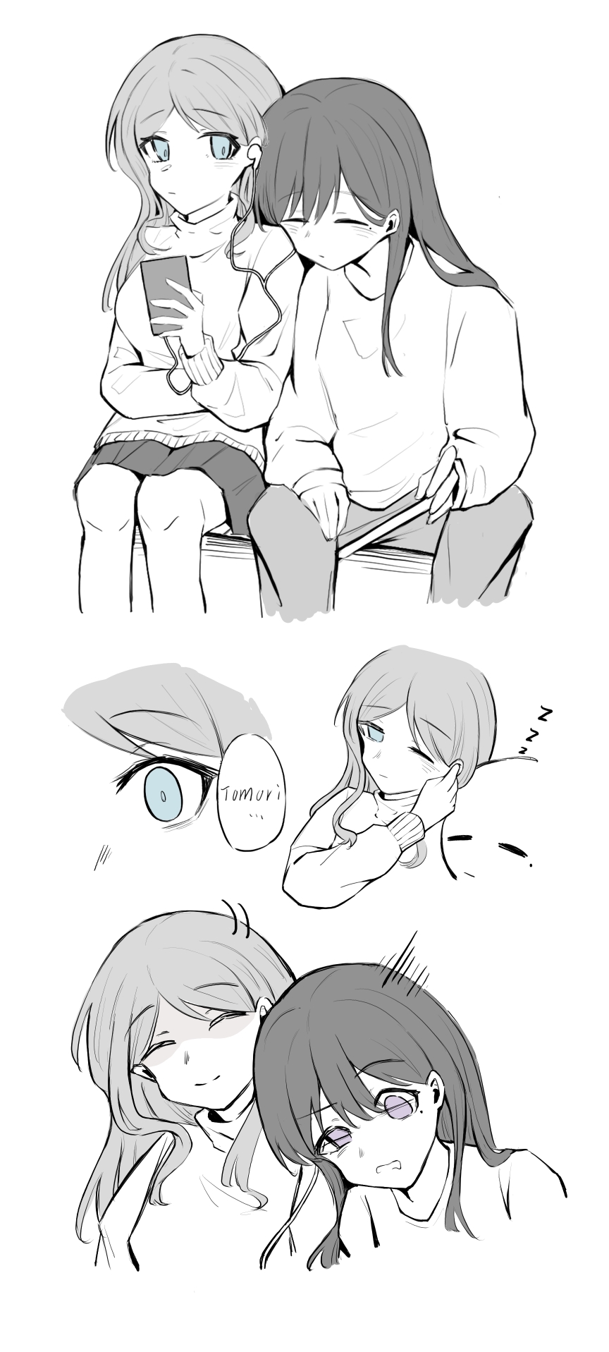 2girls, bang_dream!, bang_dream!_it's_mygo!!!!!, blue_eyes, blush, commentary, drumsticks, earphones