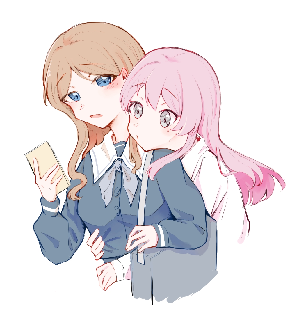 2girls, bag, bang_dream!, bang_dream!_it's_mygo!!!!!, blue_eyes, blush, brown_hair, chihaya_anon