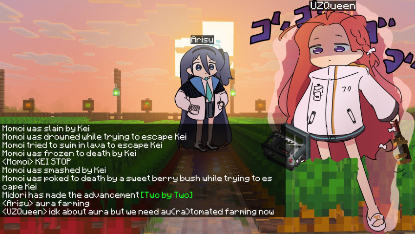 2girls, absurdly_long_hair, aris_(blue_archive), beetroot, black_hair, block_(minecraft), blue_archive, blue_eyes