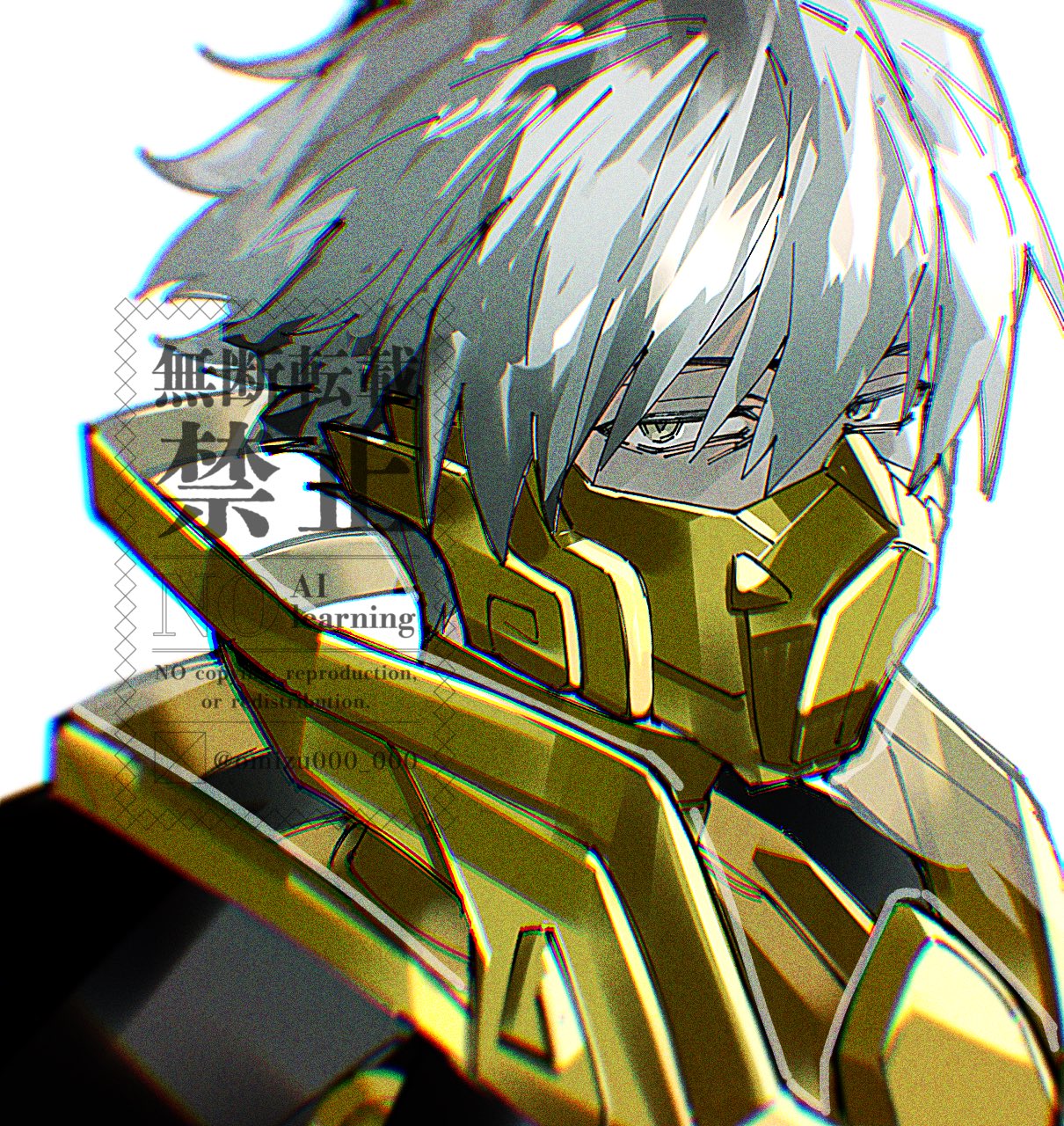 1boy, armor, covered_mouth, double-parted_bangs, ghostblade_(to_be_hero_x), glaring, hair_between_eyes, highres, looking_at_viewer, male_focus, mask, mouth_mask, omizu000_000, portrait, short_hair, solo, to_be_hero, to_be_hero_x, watermark, white_hair, yellow_eyes
