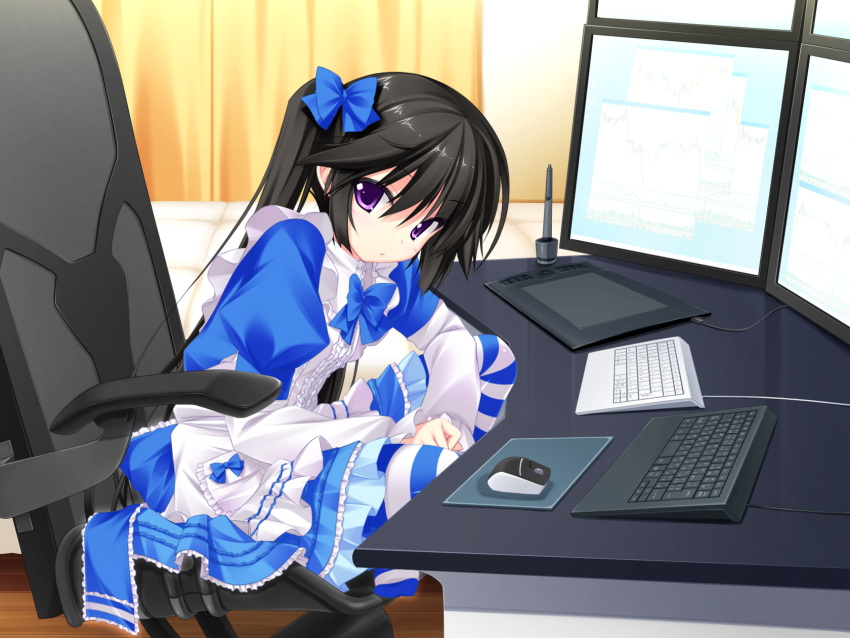 black_hair, computer, game_cg, luna_lia, mecha-con!, pink_eyes, twintails, yatake_tsubaki