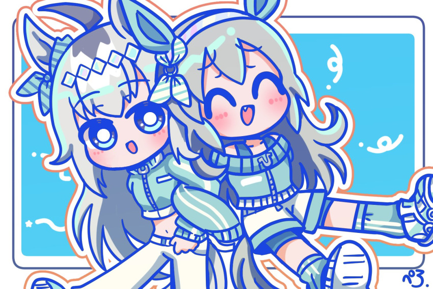 2girls, ahoge, alternate_costume, animal_ears, blue_eyes, blue_jacket, blue_shorts, blue_socks