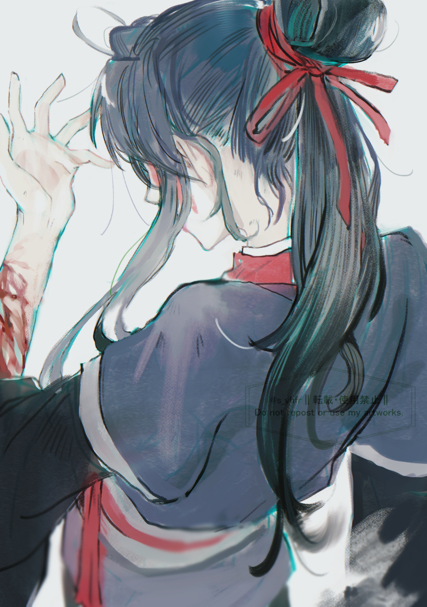 1boy, ahoge, alternate_hairstyle, black_hair, black_hanfu, blood, blood_on_arm, blood_on_face
