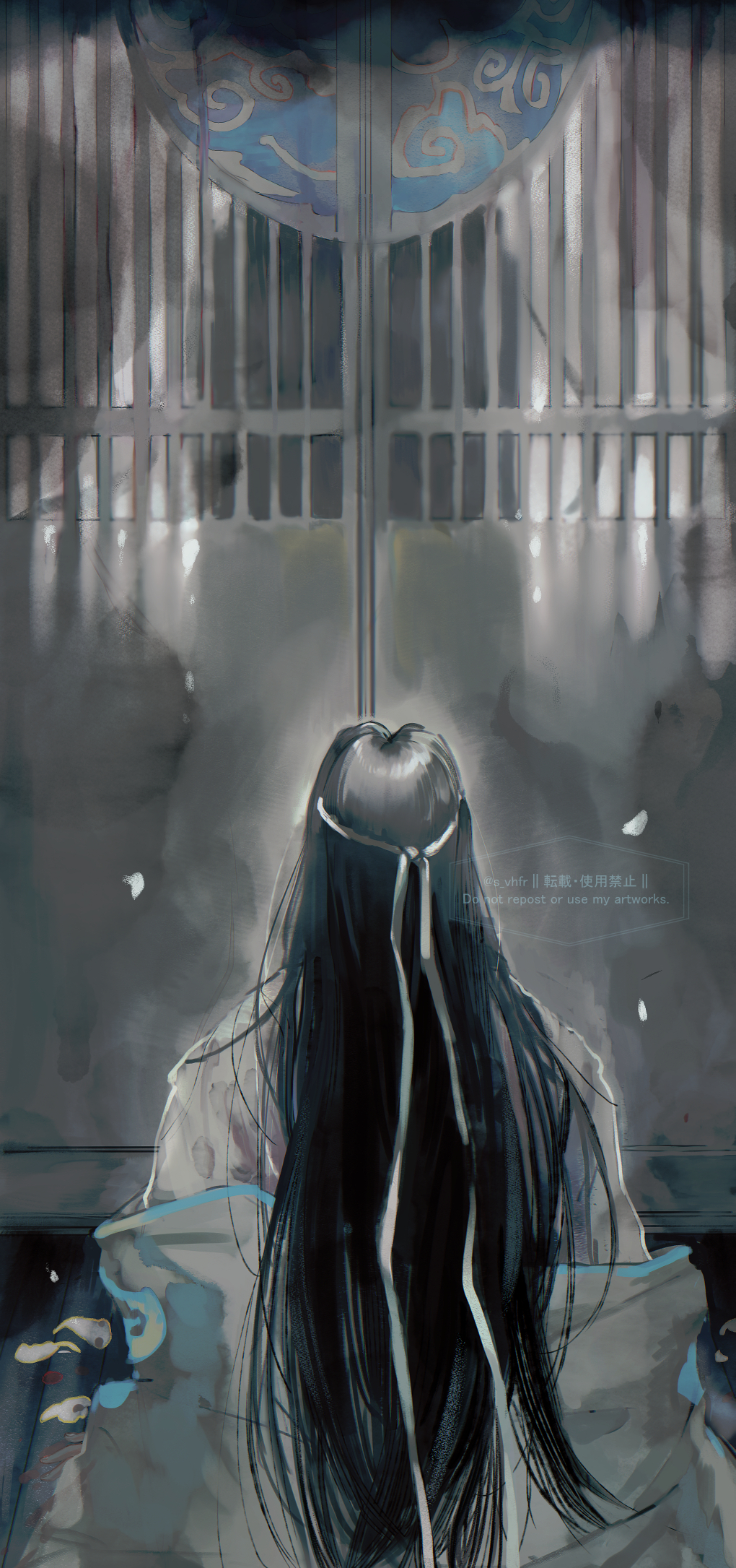 1boy, architecture, black_hair, chinese_clothes, chinese_text, coat, door, east_asian_architecture